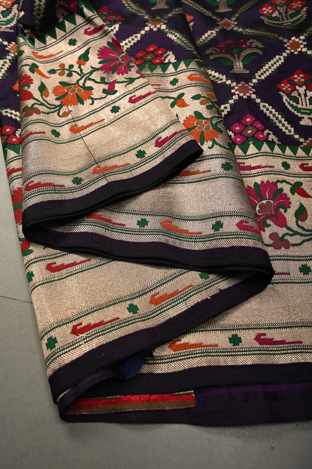 Eggplant Purple Meenakari Geometric Design on Pure Banarasi Katan Silk Saree with Floral Brocade Jaal and Zari Border | SILK MARK CERTIFIED | SHOBITAM