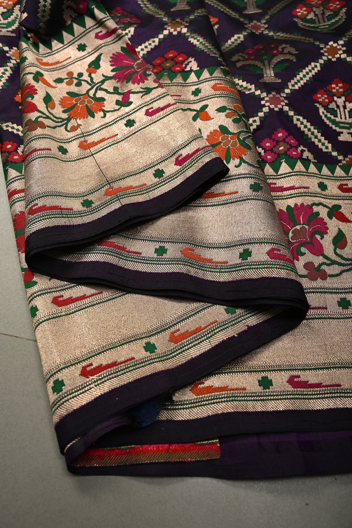 Eggplant Purple Meenakari Geometric Design on Pure Banarasi Katan Silk Saree with Floral Brocade Jaal and Zari Border | SILK MARK CERTIFIED | SHOBITAM
