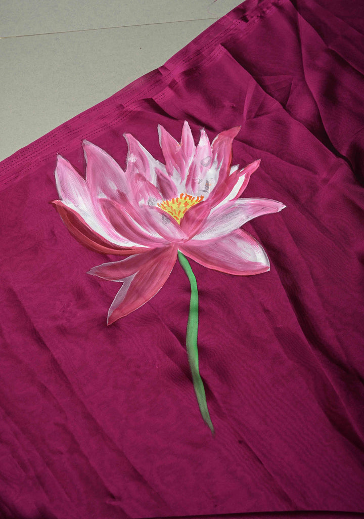 Magenta Shimmer Georgette Saree with Floral Lotus Hand Painted on Pallu , No Blouse Piece | SHOBITAM