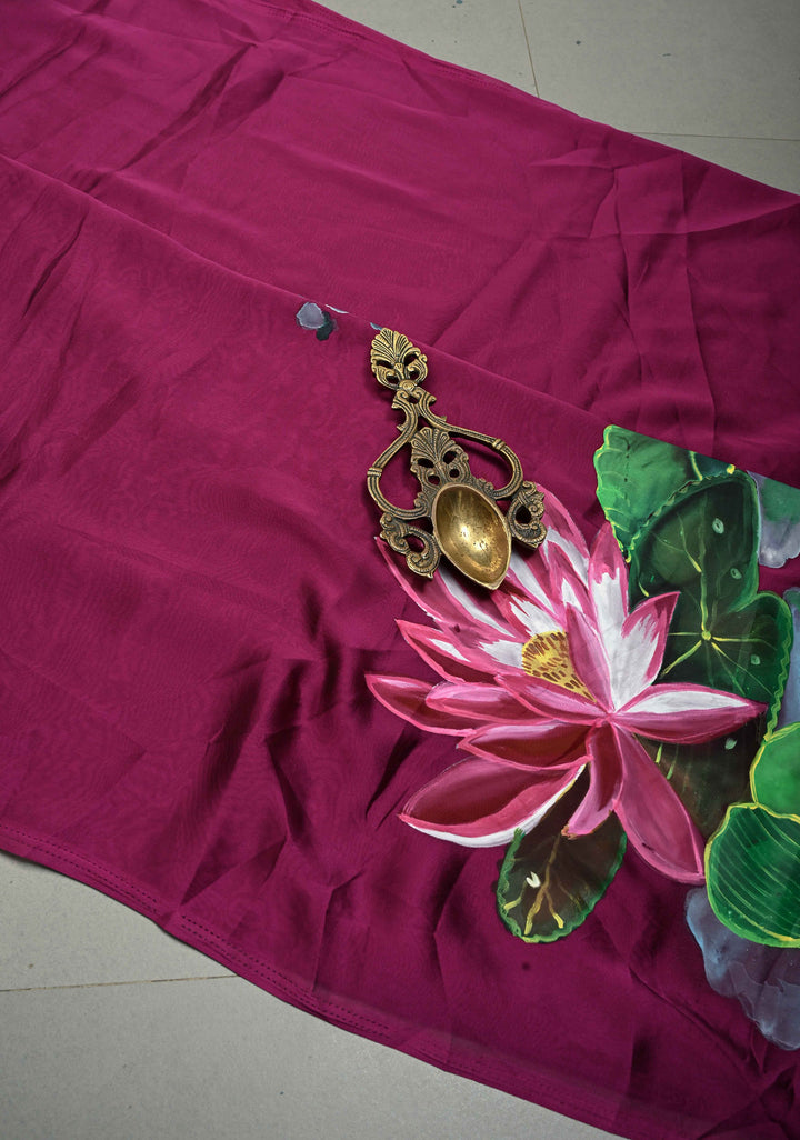 Magenta Shimmer Georgette Saree with Floral Lotus Hand Painted on Pallu , No Blouse Piece | SHOBITAM