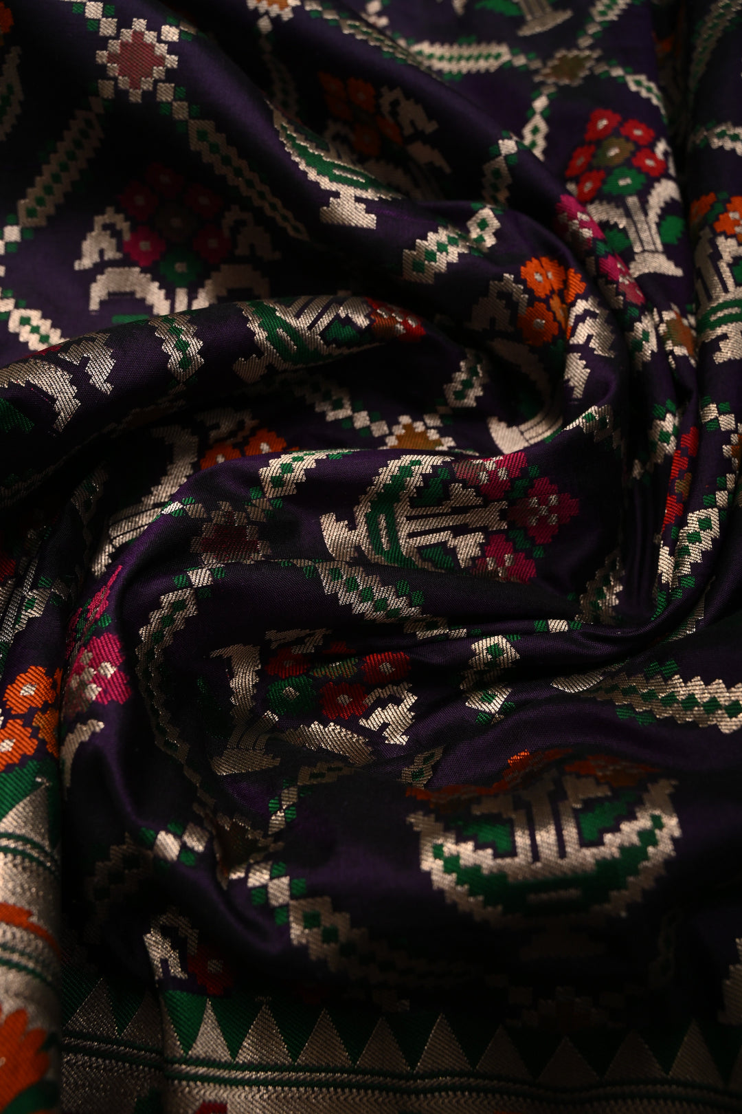 Eggplant Purple Meenakari Geometric Design on Pure Banarasi Katan Silk Saree with Floral Brocade Jaal and Zari Border | SILK MARK CERTIFIED | SHOBITAM