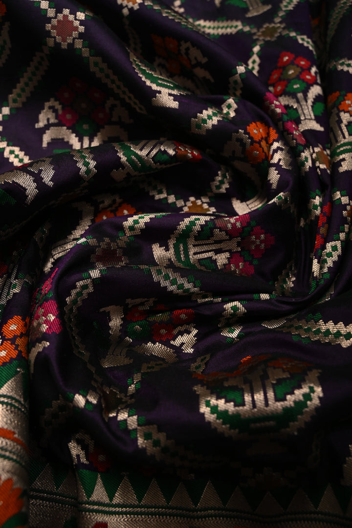 Eggplant Purple Meenakari Geometric Design on Pure Banarasi Katan Silk Saree with Floral Brocade Jaal and Zari Border | SILK MARK CERTIFIED | SHOBITAM