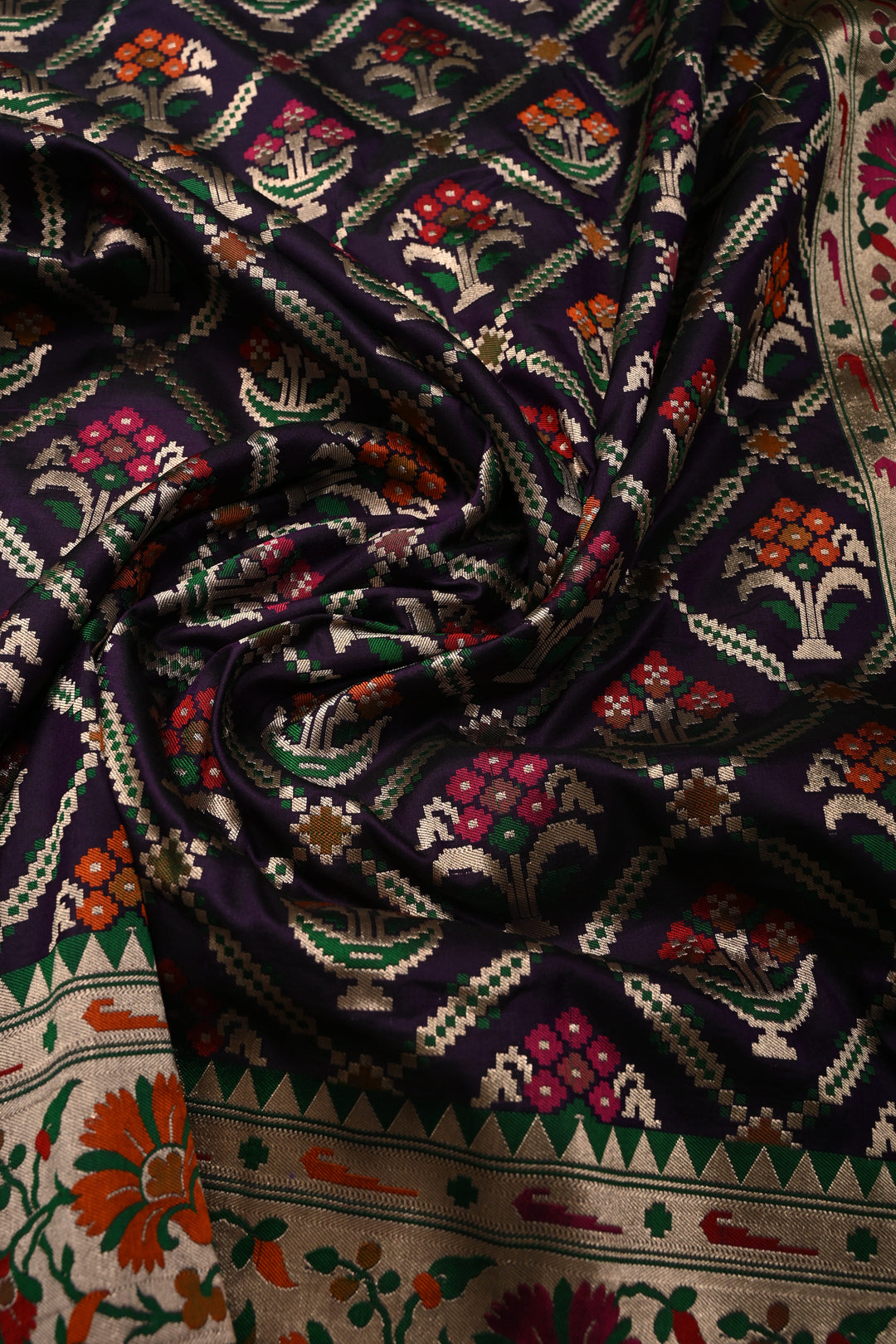 Eggplant Purple Meenakari Geometric Design on Pure Banarasi Katan Silk Saree with Floral Brocade Jaal and Zari Border | SILK MARK CERTIFIED | SHOBITAM