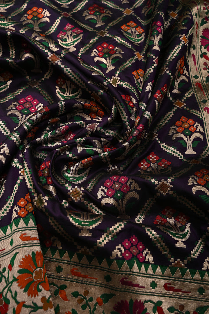 Eggplant Purple Meenakari Geometric Design on Pure Banarasi Katan Silk Saree with Floral Brocade Jaal and Zari Border | SILK MARK CERTIFIED | SHOBITAM