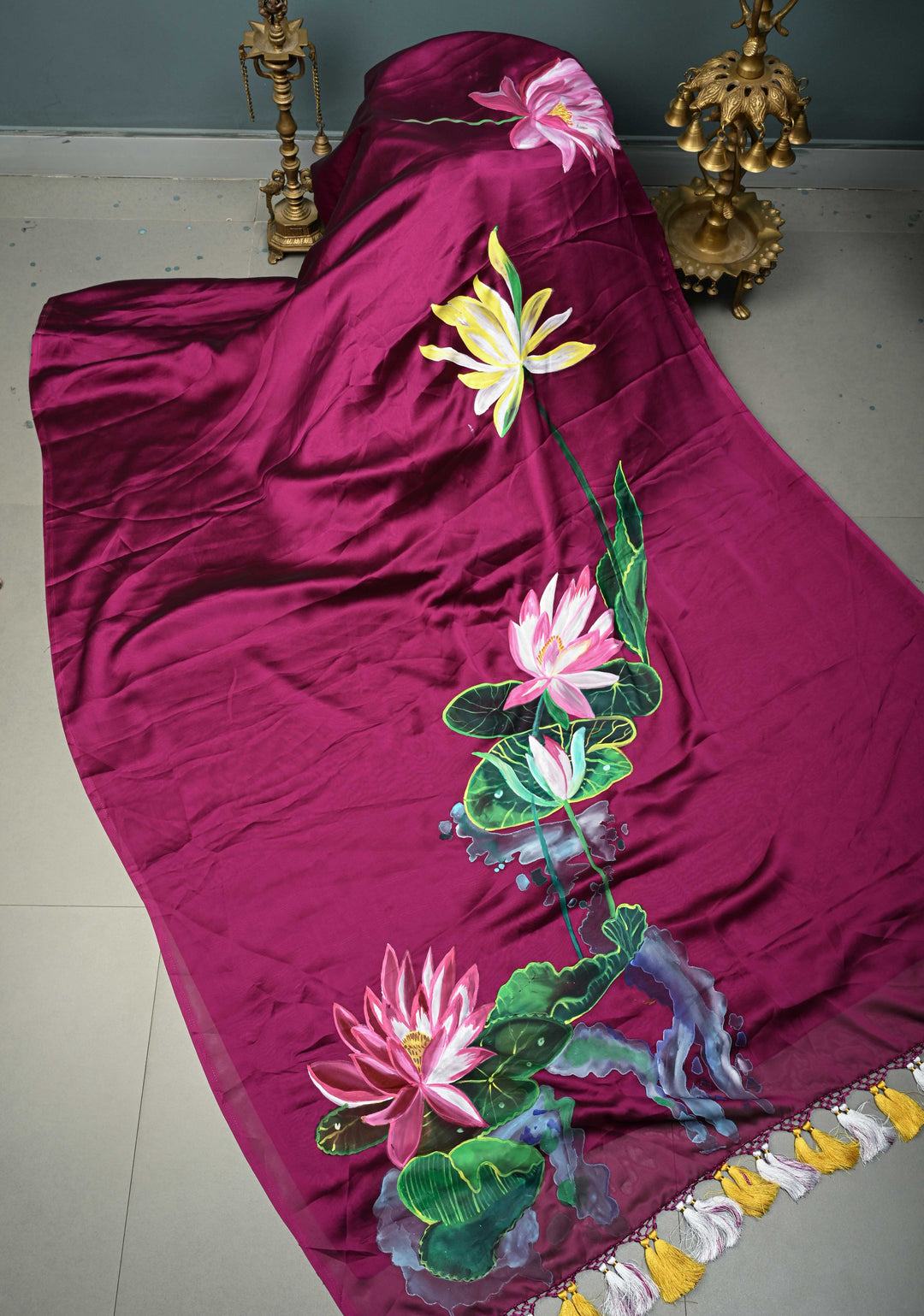 Magenta Shimmer Georgette Saree with Floral Lotus Hand Painted on Pallu , No Blouse Piece | SHOBITAM