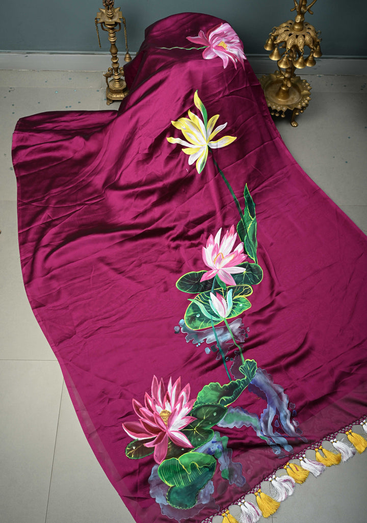 Magenta Shimmer Georgette Saree with Floral Lotus Hand Painted on Pallu , No Blouse Piece | SHOBITAM