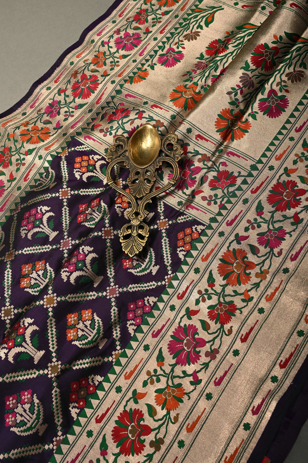 Eggplant Purple Meenakari Geometric Design on Pure Banarasi Katan Silk Saree with Floral Brocade Jaal and Zari Border | SILK MARK CERTIFIED | SHOBITAM