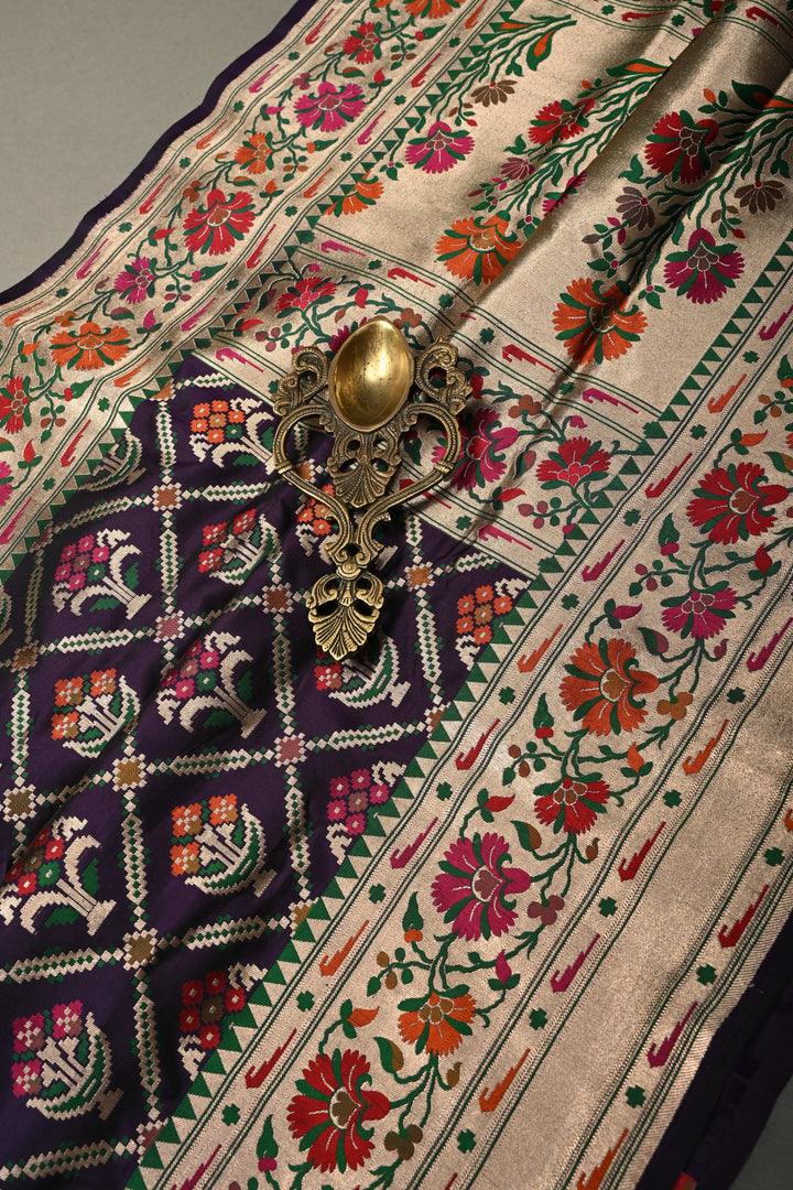 Eggplant Purple Meenakari Geometric Design on Pure Banarasi Katan Silk Saree with Floral Brocade Jaal and Zari Border | SILK MARK CERTIFIED | SHOBITAM