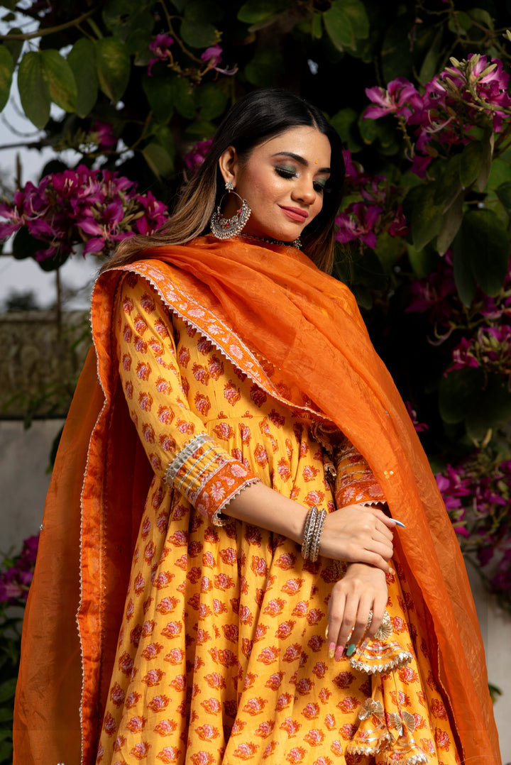 MEHAR LIGHT BROWN HAND BLOCK ANARKALI SET | SHOBITAM