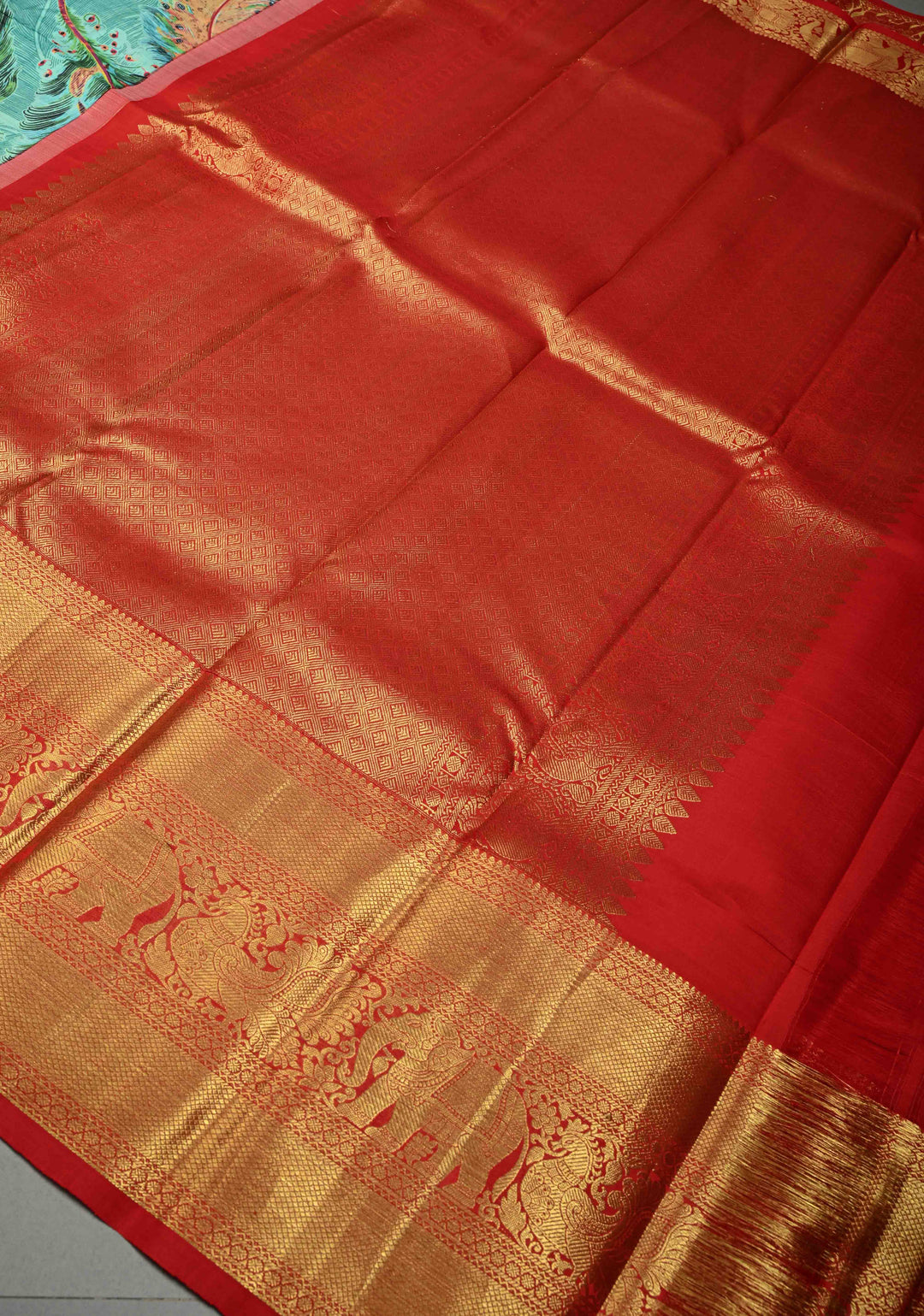 Aqua Blue Pure Kanjivaram Silk Saree with Feather Digital Print and Red Contrast Zari Border | SILK MARK CERTIFIED | SHOBITAM