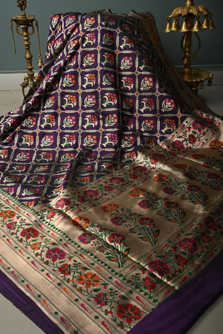 Eggplant Purple Meenakari Geometric Design on Pure Banarasi Katan Silk Saree with Floral Brocade Jaal and Zari Border | SILK MARK CERTIFIED | SHOBITAM