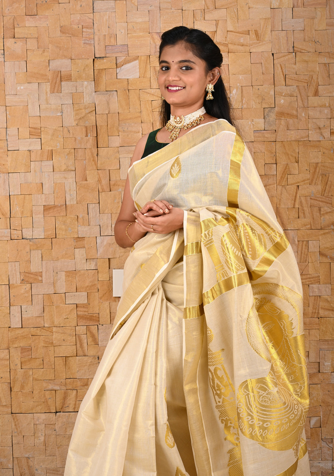 Unique Kerala Kasavu Saree in Tissue Cotton with Zari Buttas and Baby Krishna Theme on Pallu