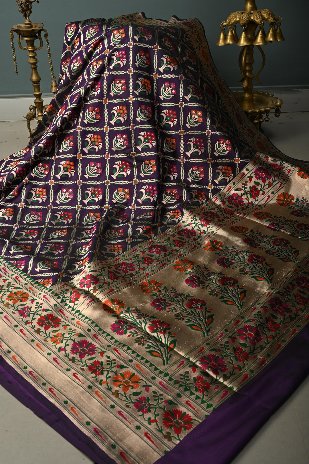 Eggplant Purple Meenakari Geometric Design on Pure Banarasi Katan Silk Saree with Floral Brocade Jaal and Zari Border | SILK MARK CERTIFIED | SHOBITAM