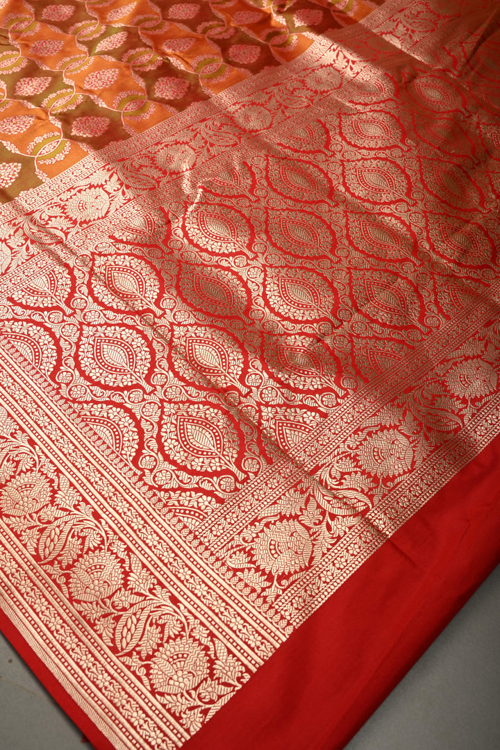 Green-Orange Dual Tone Pure Banarasi Katan Silk Saree with Meenakari Floral Brocade Jaal and Zari Border | SILK MARK CERTIFIED | SHOBITAM
