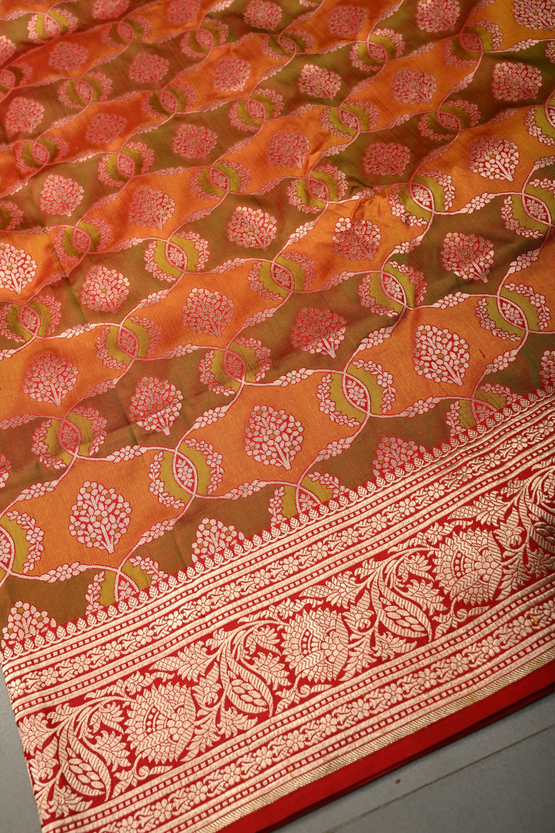 Green-Orange Dual Tone Pure Banarasi Katan Silk Saree with Meenakari Floral Brocade Jaal and Zari Border | SILK MARK CERTIFIED | SHOBITAM