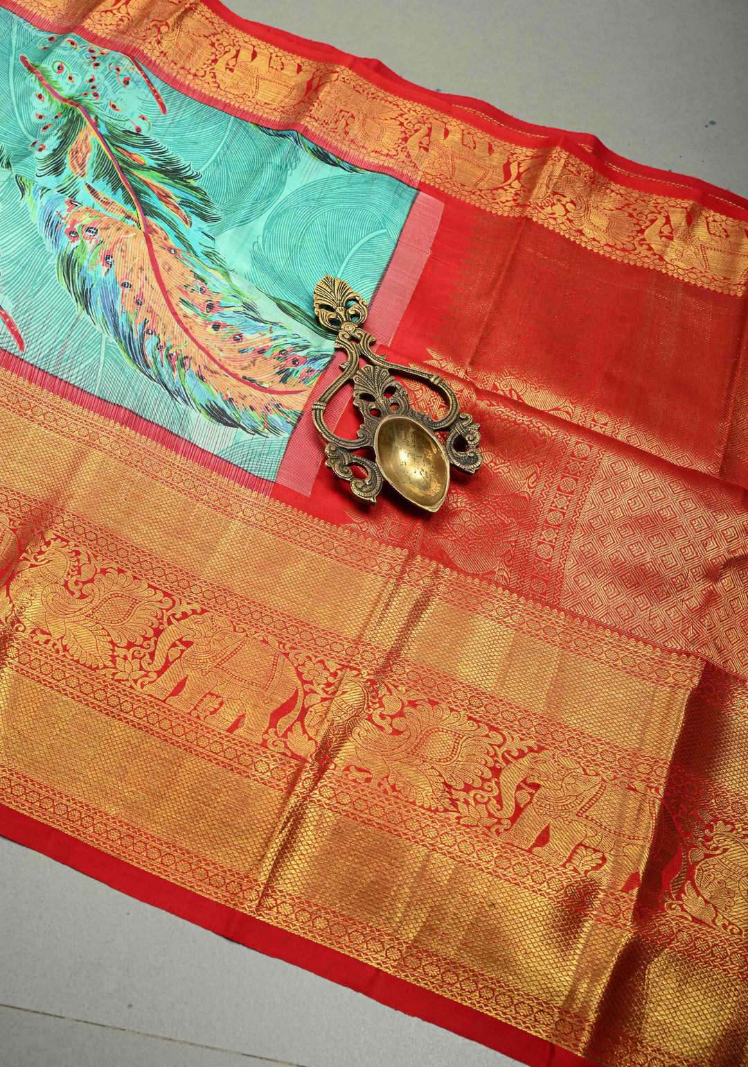 Aqua Blue Pure Kanjivaram Silk Saree with Feather Digital Print and Red Contrast Zari Border | SILK MARK CERTIFIED | SHOBITAM