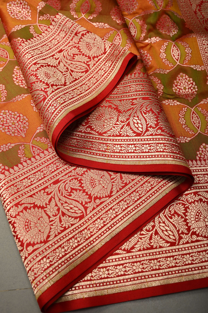 Green-Orange Dual Tone Pure Banarasi Katan Silk Saree with Meenakari Floral Brocade Jaal and Zari Border | SILK MARK CERTIFIED | SHOBITAM
