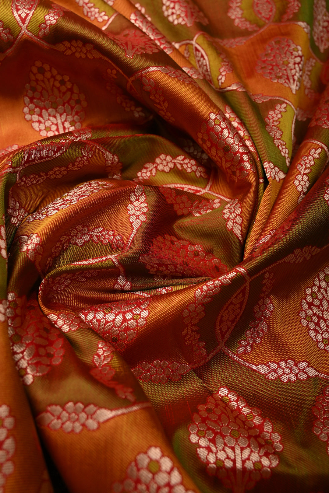 Green-Orange Dual Tone Pure Banarasi Katan Silk Saree with Meenakari Floral Brocade Jaal and Zari Border | SILK MARK CERTIFIED | SHOBITAM