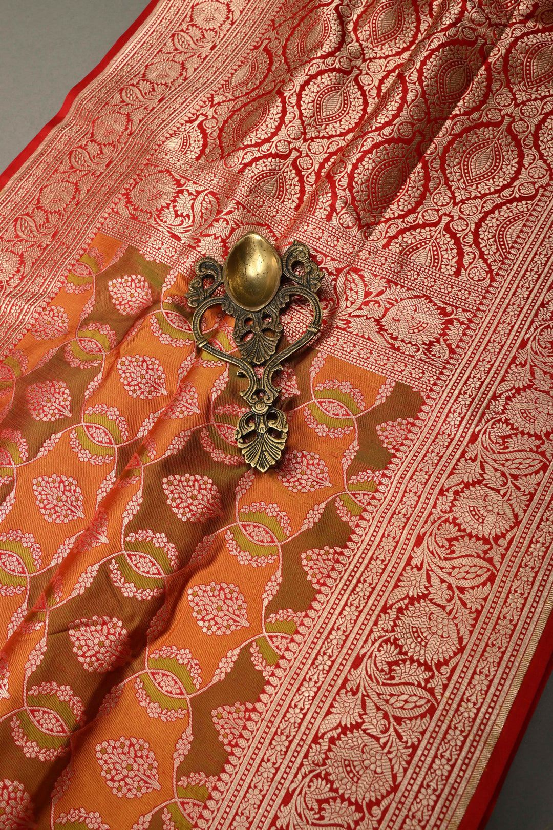 Green-Orange Dual Tone Pure Banarasi Katan Silk Saree with Meenakari Floral Brocade Jaal and Zari Border | SILK MARK CERTIFIED | SHOBITAM