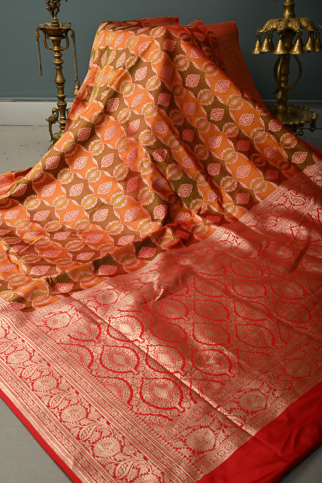 Green-Orange Dual Tone Pure Banarasi Katan Silk Saree with Meenakari Floral Brocade Jaal and Zari Border | SILK MARK CERTIFIED | SHOBITAM