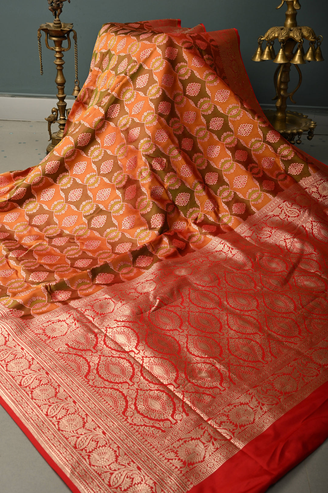 Green-Orange Dual Tone Pure Banarasi Katan Silk Saree with Meenakari Floral Brocade Jaal and Zari Border | SILK MARK CERTIFIED | SHOBITAM