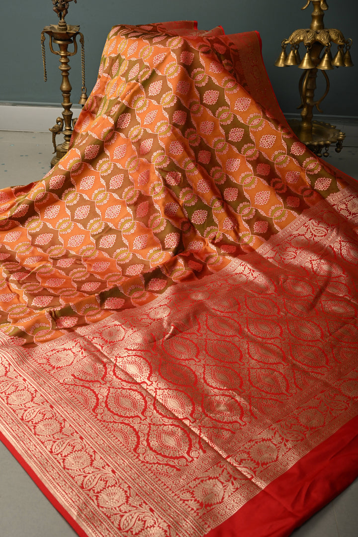 Green-Orange Dual Tone Pure Banarasi Katan Silk Saree with Meenakari Floral Brocade Jaal and Zari Border | SILK MARK CERTIFIED | SHOBITAM