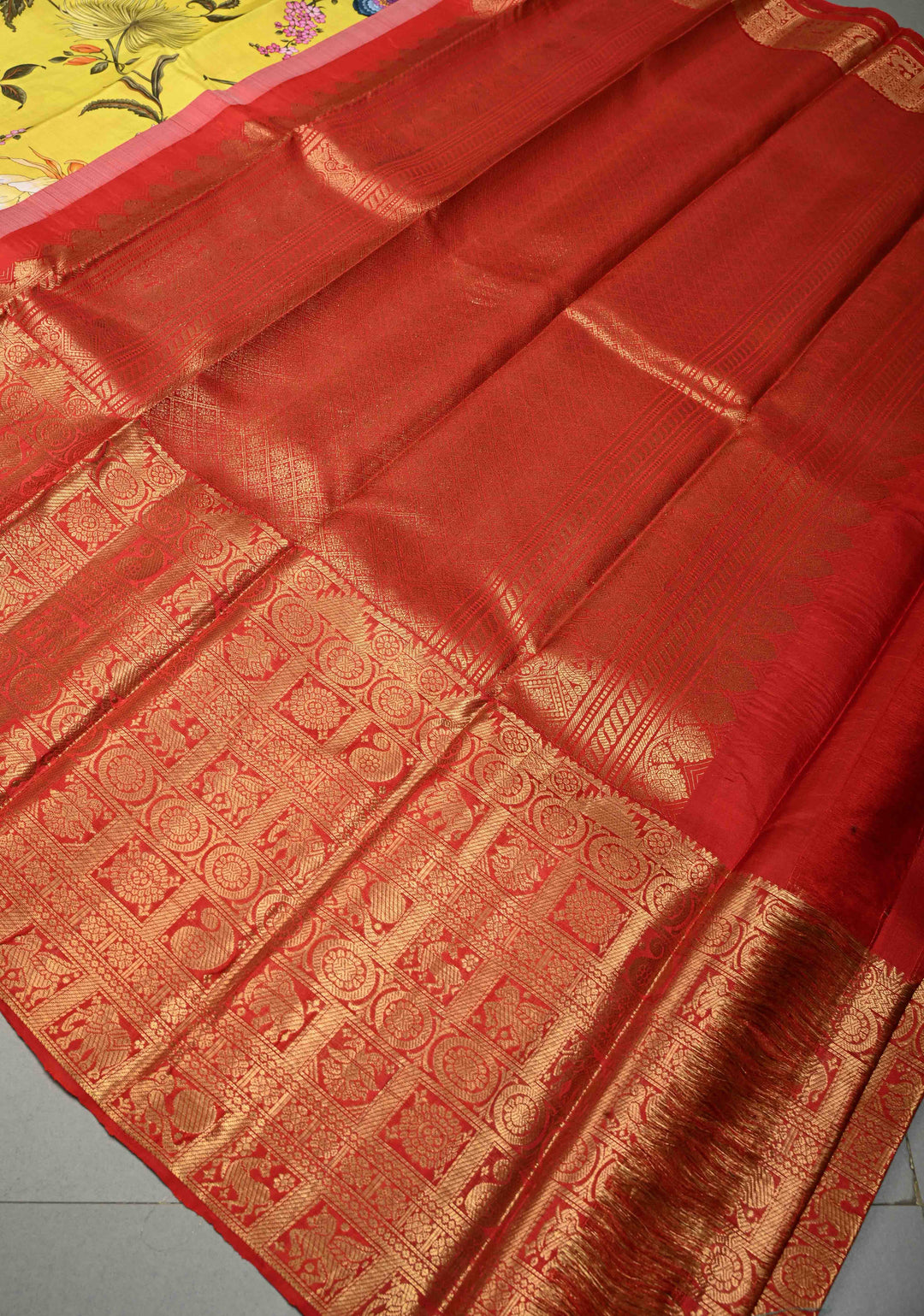 Yellow Pure Kanjivaram Silk Saree with Floral Digital Print and Contrast Checks Wide Zari Border | SILK MARK CERTIFIED | SHOBITAM