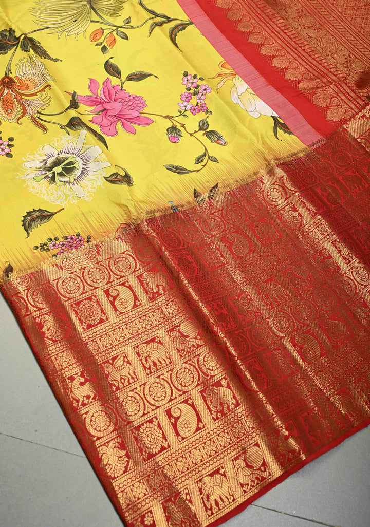 Yellow Pure Kanjivaram Silk Saree with Floral Digital Print and Contrast Checks Wide Zari Border | SILK MARK CERTIFIED | SHOBITAM