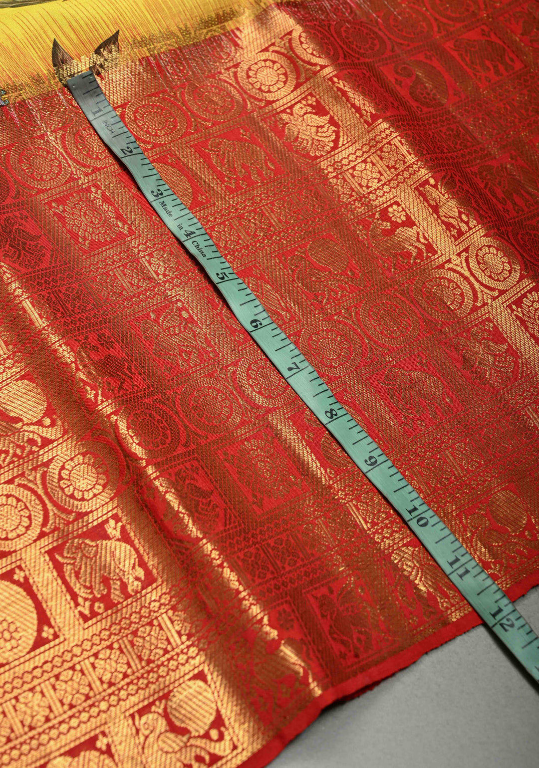 Yellow Pure Kanjivaram Silk Saree with Floral Digital Print and Contrast Checks Wide Zari Border | SILK MARK CERTIFIED | SHOBITAM