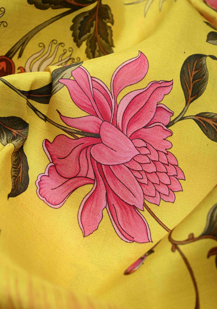 Yellow Pure Kanjivaram Silk Saree with Floral Digital Print and Contrast Checks Wide Zari Border | SILK MARK CERTIFIED | SHOBITAM