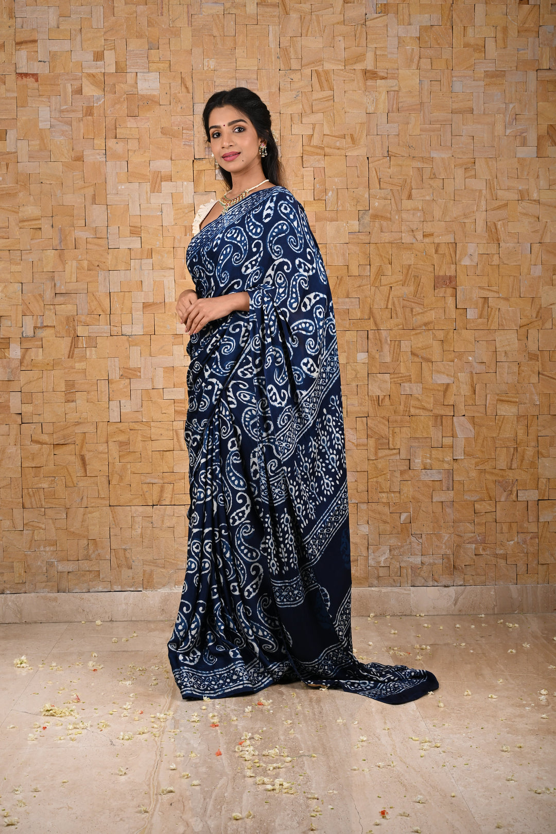 Paisley Design Bagru Hand Block Print on Modal Silk Saree in Indigo