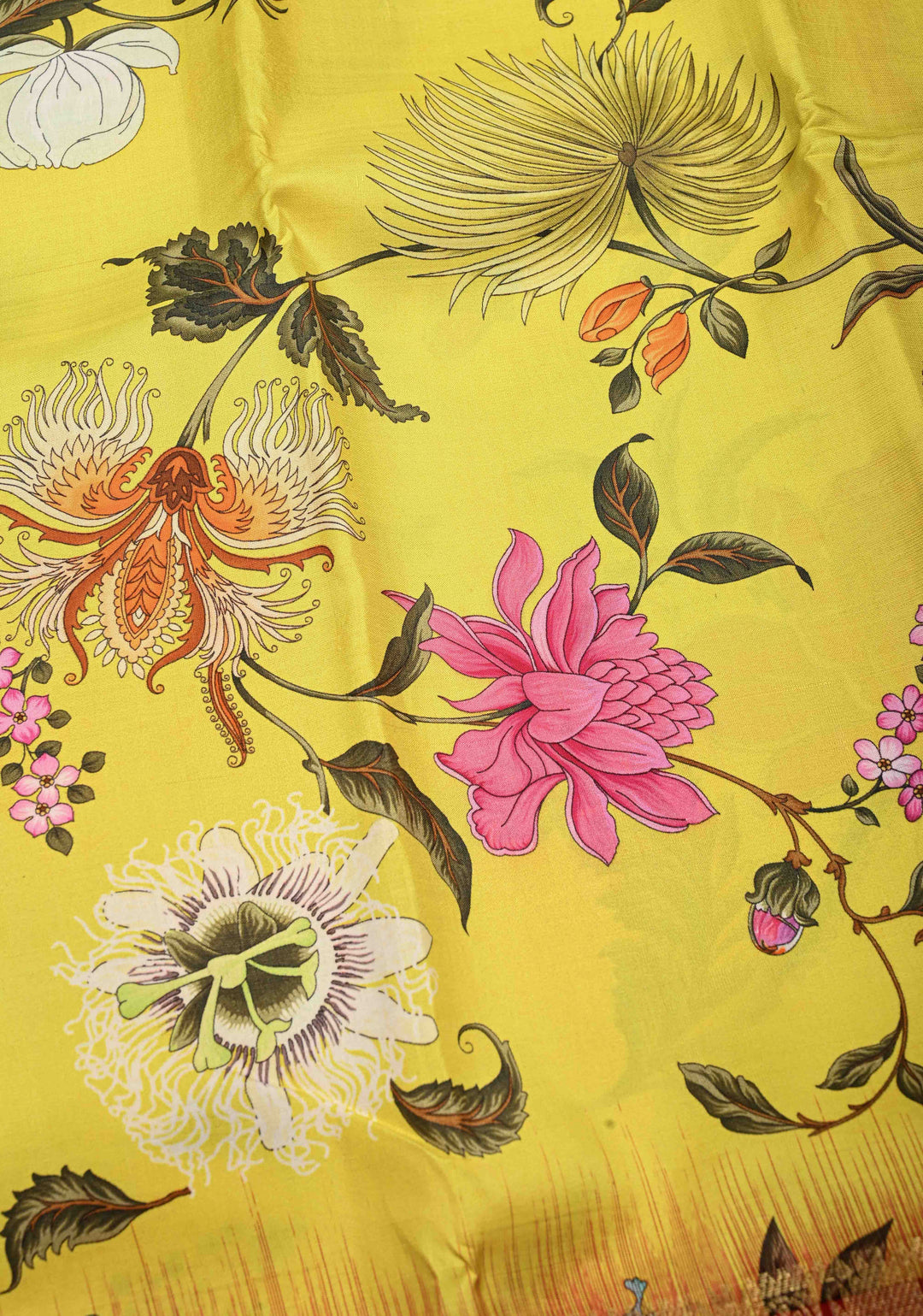 Yellow Pure Kanjivaram Silk Saree with Floral Digital Print and Contrast Checks Wide Zari Border | SILK MARK CERTIFIED | SHOBITAM