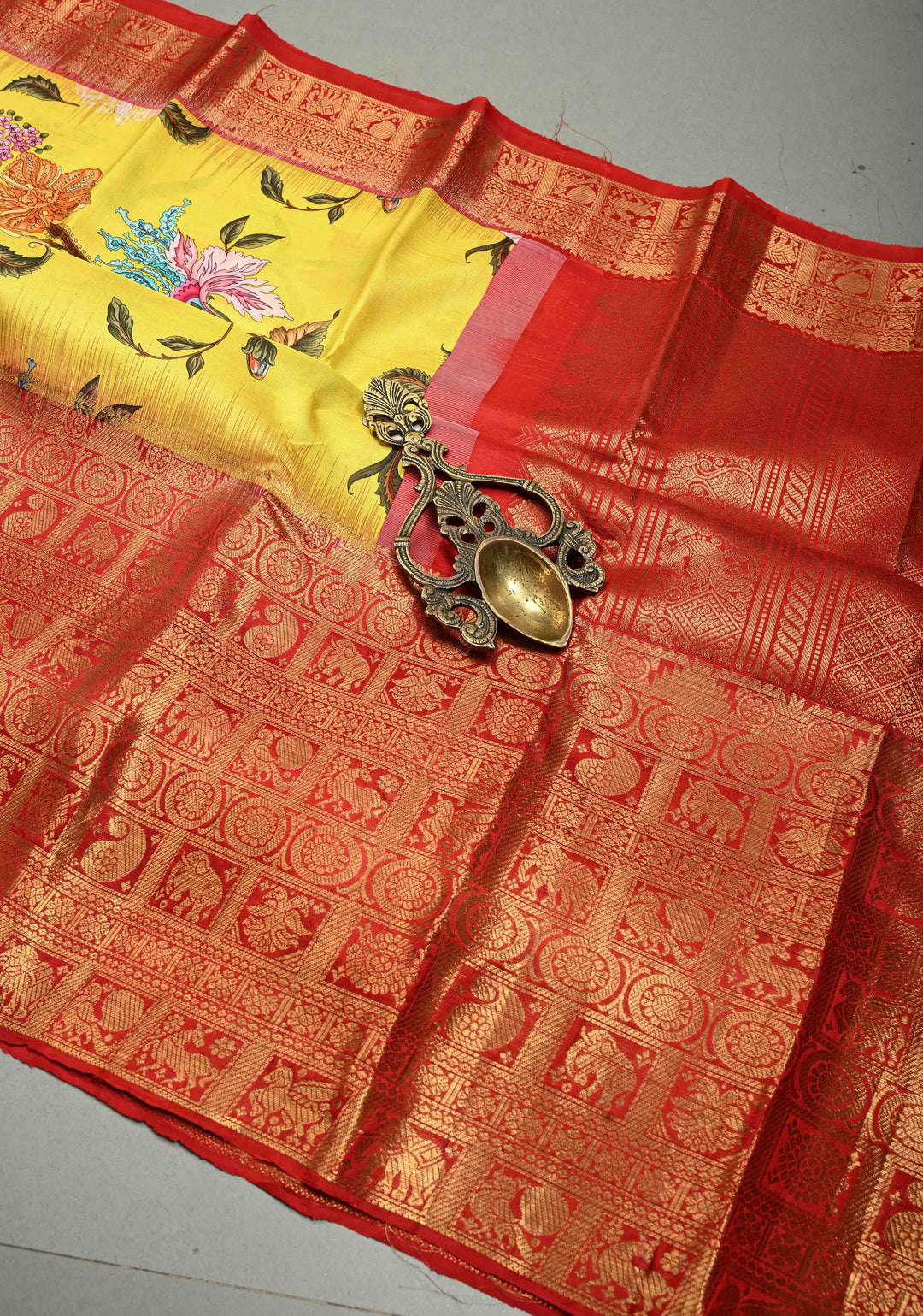 Yellow Pure Kanjivaram Silk Saree with Floral Digital Print and Contrast Checks Wide Zari Border | SILK MARK CERTIFIED | SHOBITAM
