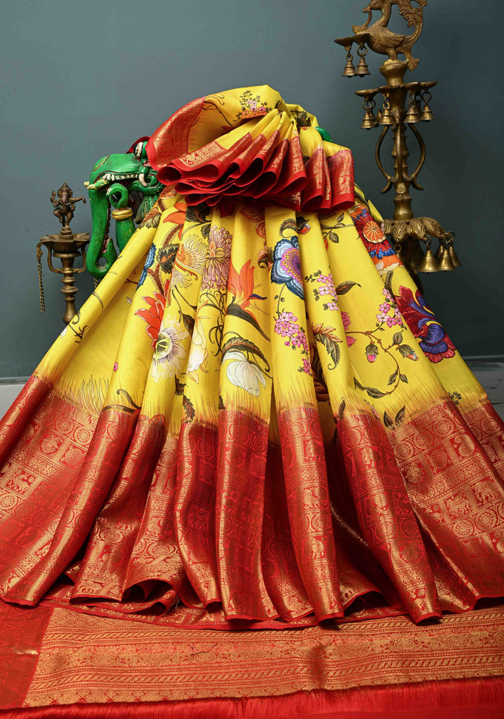 Yellow Pure Kanjivaram Silk Saree with Floral Digital Print and Contrast Checks Wide Zari Border | SILK MARK CERTIFIED | SHOBITAM