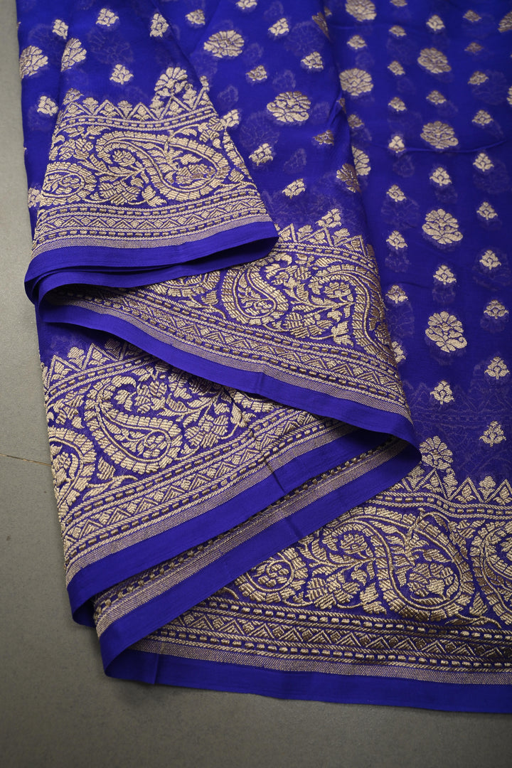 Ink Purple Banarasi Georgette Silk Saree with Floral Zari Buttas Brocade and Zari Border | SILK MARK CERTIFIED | SHOBITAM