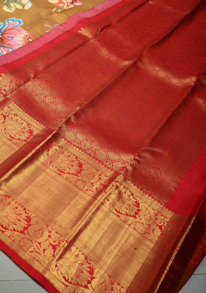 Methi Yellow Pure Kanjivaram Silk Saree with Large Floral Digital Print and Contrast Wide Zari Border | SILK MARK CERTIFIED | SHOBITAM