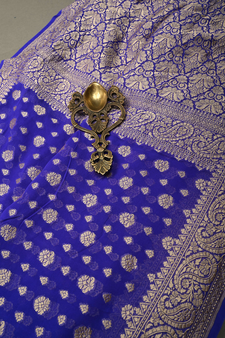 Ink Purple Banarasi Georgette Silk Saree with Floral Zari Buttas Brocade and Zari Border | SILK MARK CERTIFIED | SHOBITAM