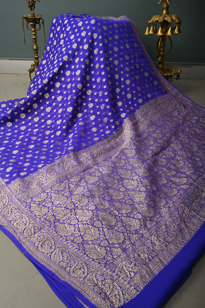 Ink Purple Banarasi Georgette Silk Saree with Floral Zari Buttas Brocade and Zari Border | SILK MARK CERTIFIED | SHOBITAM