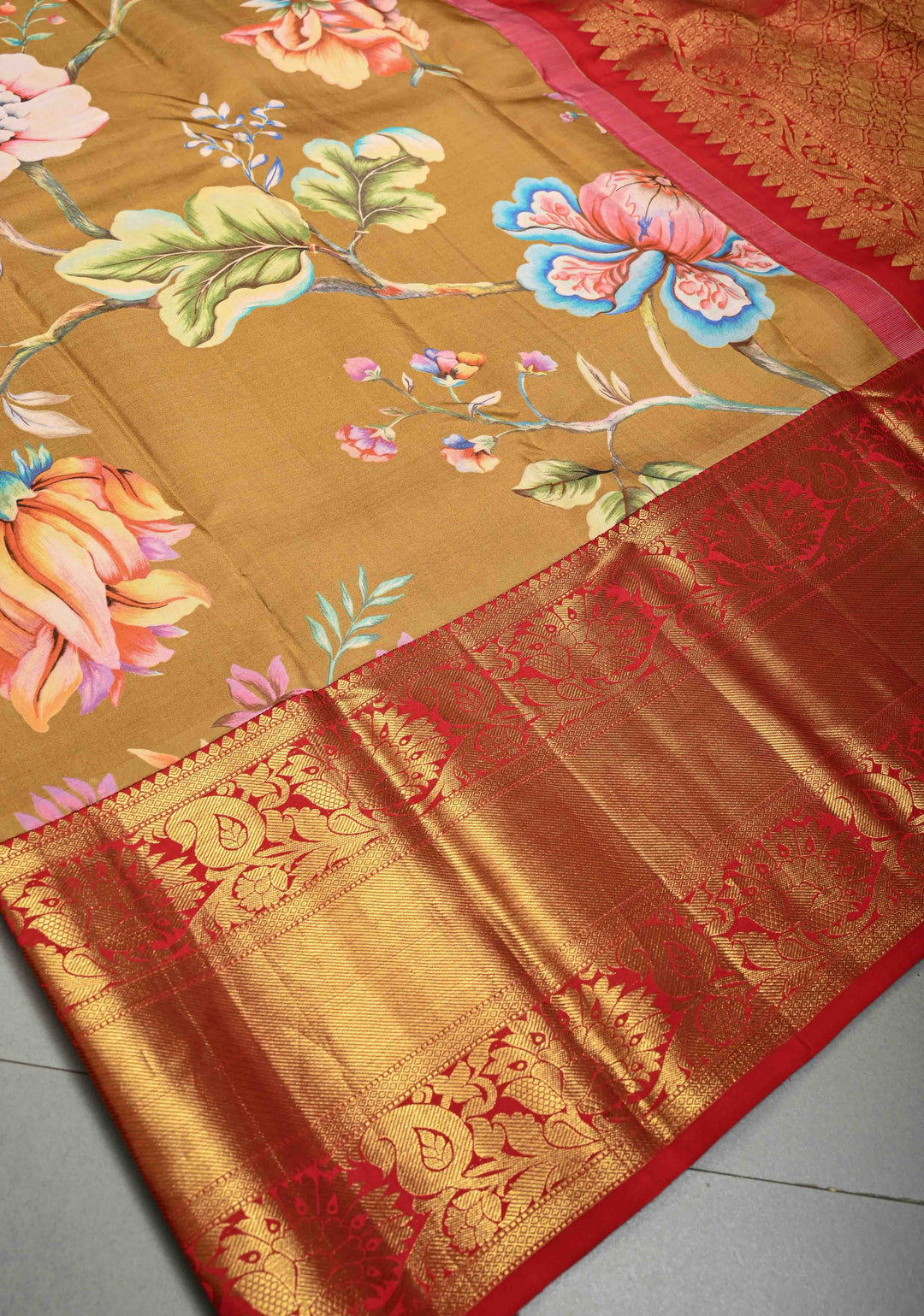 Methi Yellow Pure Kanjivaram Silk Saree with Large Floral Digital Print and Contrast Wide Zari Border | SILK MARK CERTIFIED | SHOBITAM