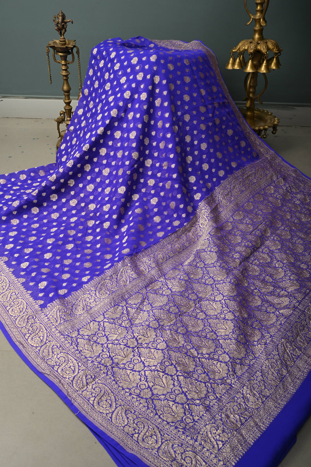 Ink Purple Banarasi Georgette Silk Saree with Floral Zari Buttas Brocade and Zari Border | SILK MARK CERTIFIED | SHOBITAM