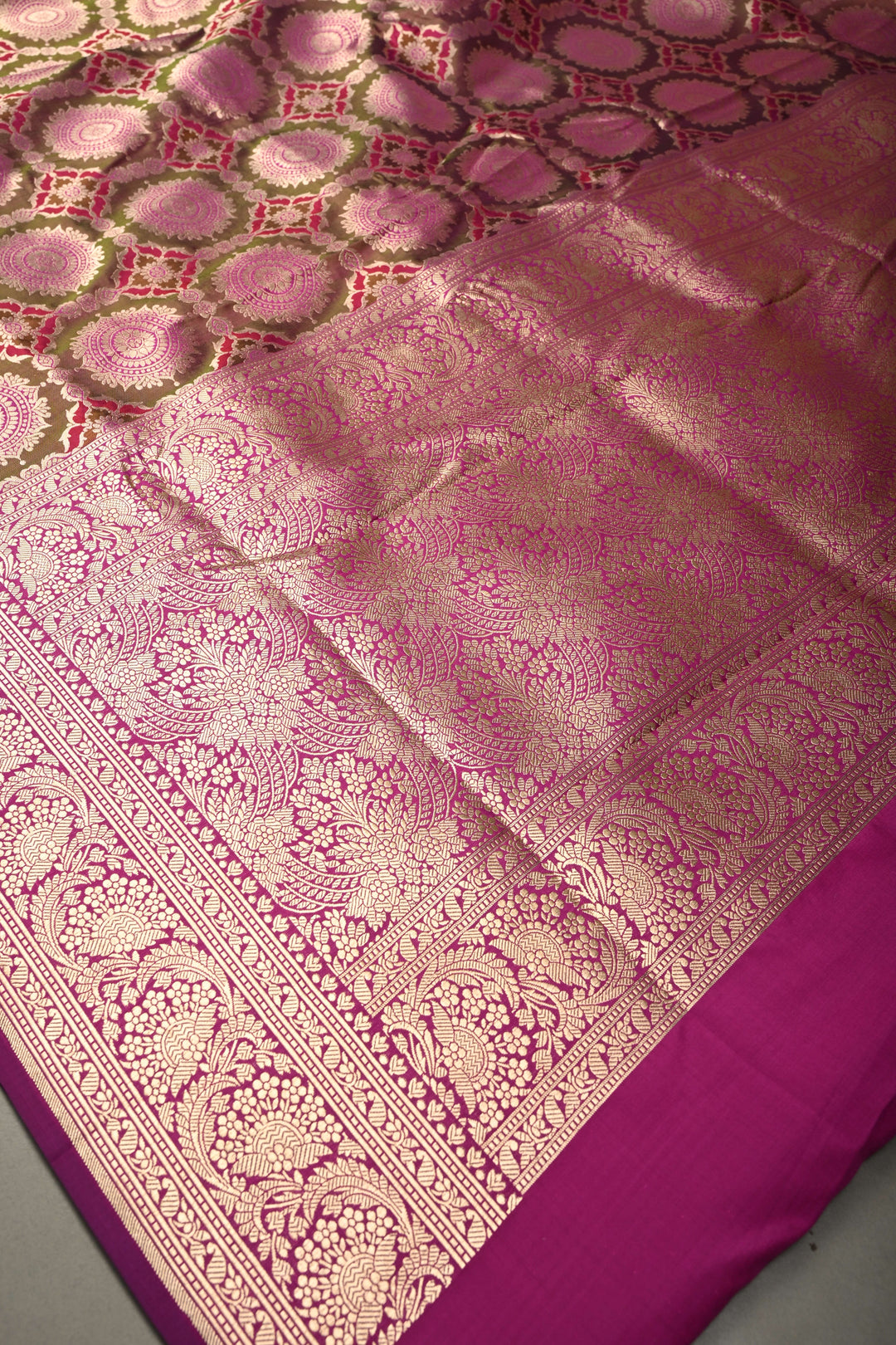 Brown-Green-Purple Dual Tone Pure Banarasi Katan Silk Saree with Meenakari Floral Brocade Jaal and Zari Border | SILK MARK CERTIFIED | SHOBITAM