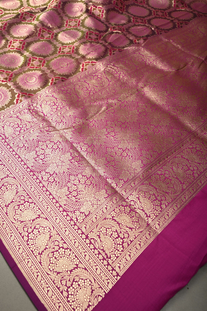 Brown-Green-Purple Dual Tone Pure Banarasi Katan Silk Saree with Meenakari Floral Brocade Jaal and Zari Border | SILK MARK CERTIFIED | SHOBITAM