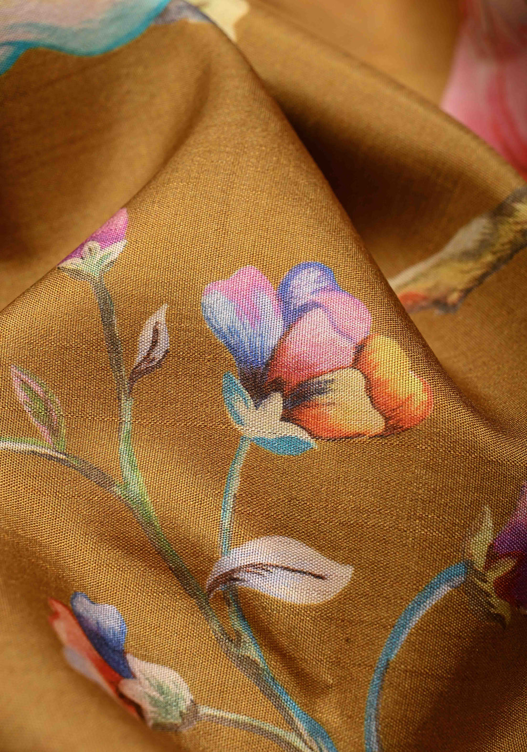 Methi Yellow Pure Kanjivaram Silk Saree with Large Floral Digital Print and Contrast Wide Zari Border | SILK MARK CERTIFIED | SHOBITAM