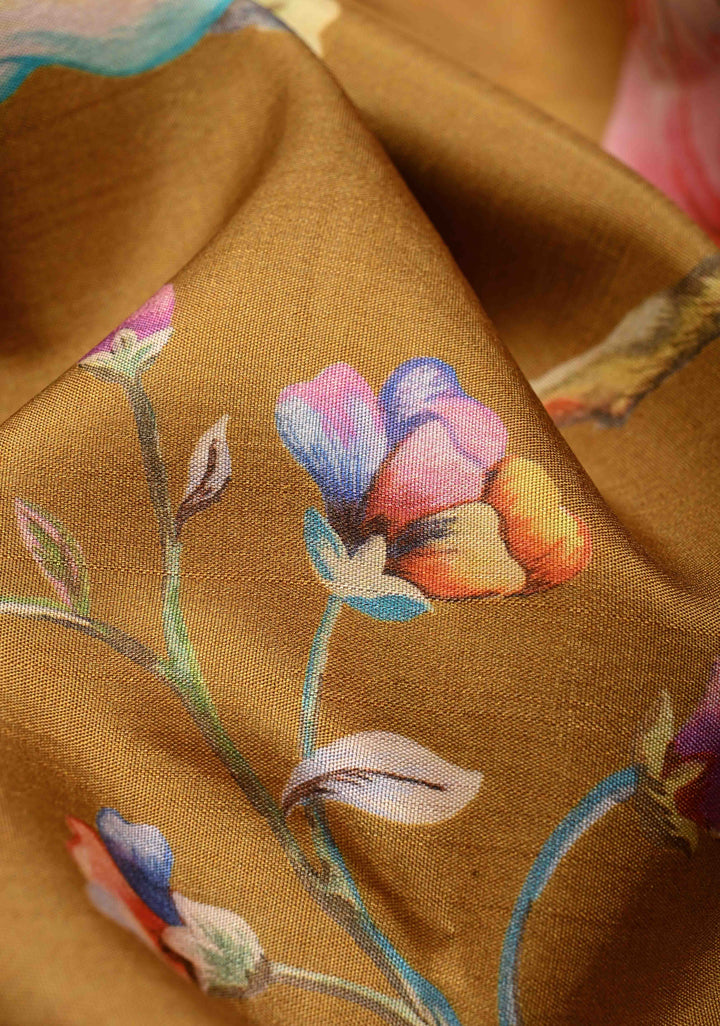 Methi Yellow Pure Kanjivaram Silk Saree with Large Floral Digital Print and Contrast Wide Zari Border | SILK MARK CERTIFIED | SHOBITAM