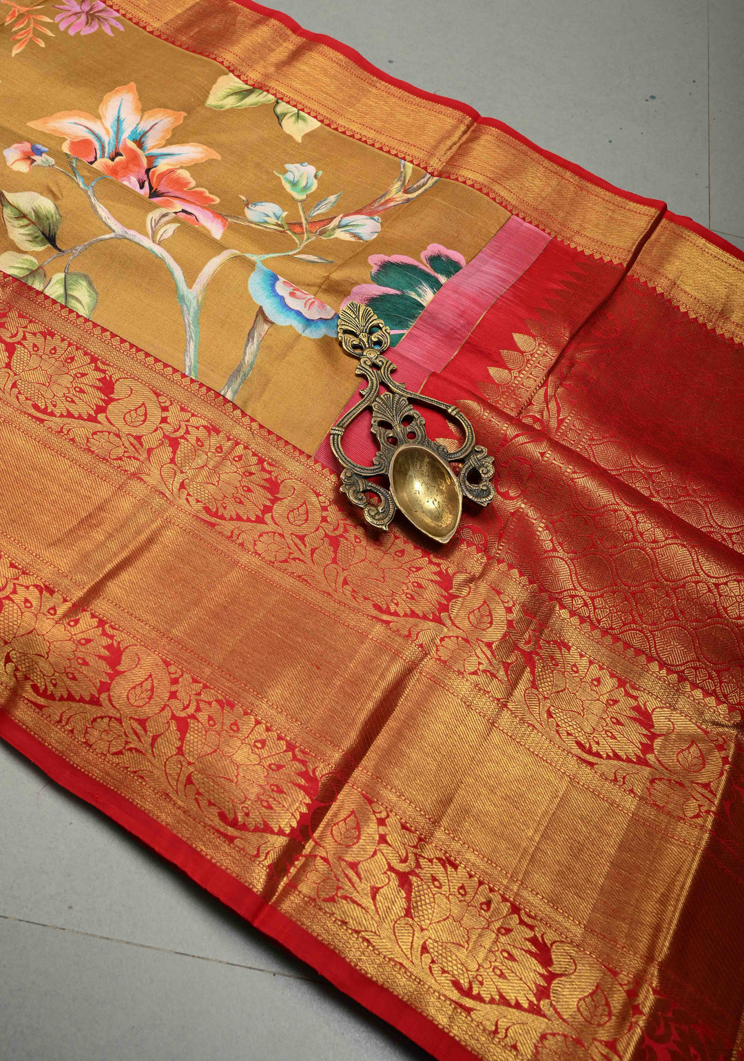 Methi Yellow Pure Kanjivaram Silk Saree with Large Floral Digital Print and Contrast Wide Zari Border | SILK MARK CERTIFIED | SHOBITAM