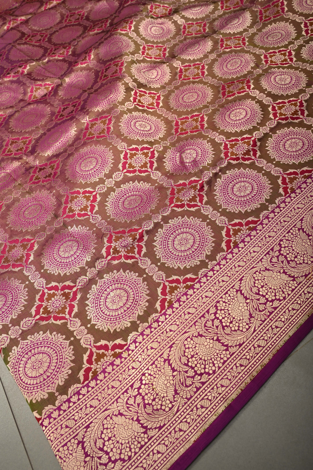 Brown-Green-Purple Dual Tone Pure Banarasi Katan Silk Saree with Meenakari Floral Brocade Jaal and Zari Border | SILK MARK CERTIFIED | SHOBITAM