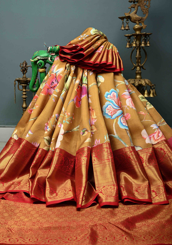Methi Yellow Pure Kanjivaram Silk Saree with Large Floral Digital Print and Contrast Wide Zari Border | SILK MARK CERTIFIED | SHOBITAM
