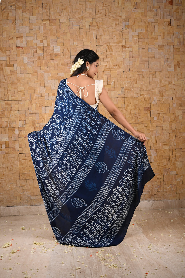 Paisley Design Bagru Hand Block Print on Modal Silk Saree in Indigo