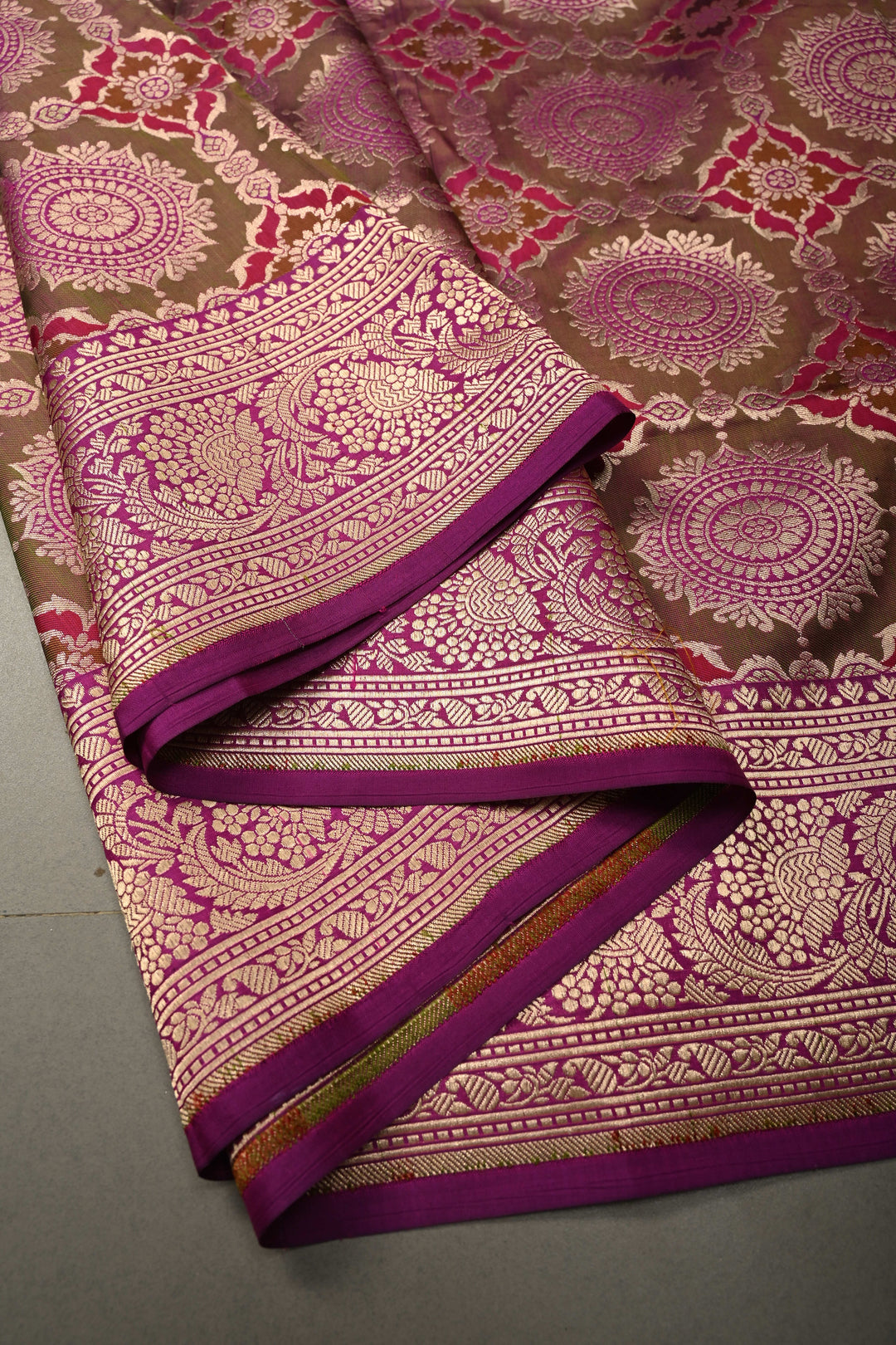 Brown-Green-Purple Dual Tone Pure Banarasi Katan Silk Saree with Meenakari Floral Brocade Jaal and Zari Border | SILK MARK CERTIFIED | SHOBITAM