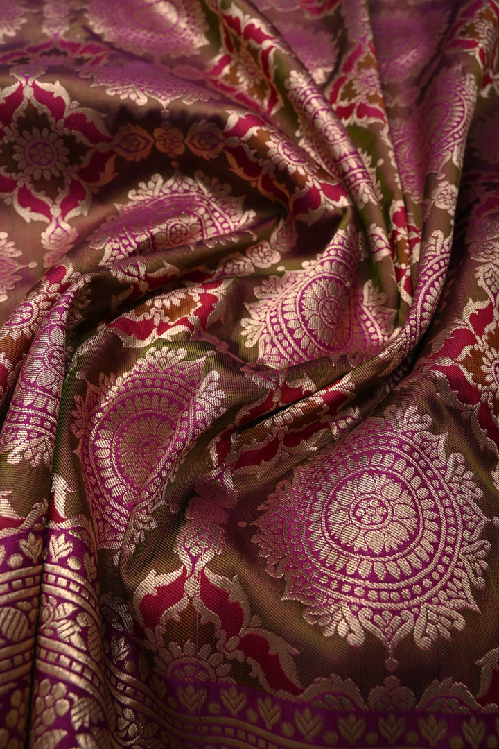 Brown-Green-Purple Dual Tone Pure Banarasi Katan Silk Saree with Meenakari Floral Brocade Jaal and Zari Border | SILK MARK CERTIFIED | SHOBITAM